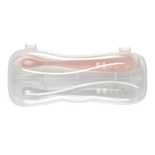 Lot 2 cuillères 1er âge silicone avec boite de transport Rose/Gris